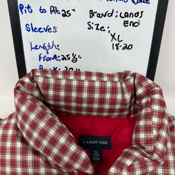 Lands End Women’s Down Puffer Vest Size XL Red Check Plaid Weather Resistant - Picture 3 of 10
